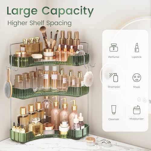 3-Tier Green Corner Organizer, PET Counter Storage with Hooks | Multi-Surface Organizer for Bathroom Vanity & Kitchen Countertop - color: Green, size: 3 Tier