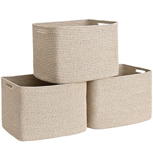 3 Pack Cube Storage Bin, 17”x12”x12” Cotton Rope Woven Baskets for Organizing Toys Clothes Towels, Square Gift Storage Baskets for Shelves, Nursery, Closet, Bathroom, Pantry (Jute) - color: Jute, size: 17" x 12" x 12"