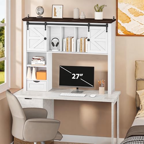 Large Desktop Bookshelf with Sliding Barn Door, 47.2''W Desk Shelf Display Rack, Desktop Organizer Storage Rack with 7 Cubbies and Drawer, Home, Desk Shelf for Office, Dorm, Vanity, White - color: White, size: 47.2''W