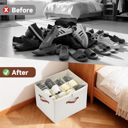 2-Pack Shoe Organizer for Closet, Foldable Shoe Storage Container with Adjustable Dividers & Clear Lid, Holds Up to 12 Pairs, Space-Saving Shoe Boxes, White - size: Medium