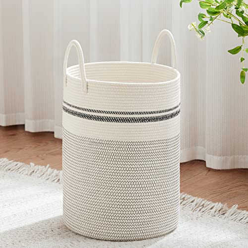 VIPOSCO Large Laundry Hamper, Tall Woven Rope Storage Basket for Blanket, Toys, Dirty Clothes in Living Room, Bathroom, Bedroom - 58L Stripe White - color: Stripe White, size: 58L