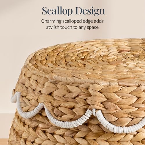 Best Choice Products Scalloped Multipurpose Hyacinth Storage Basket, Plant Décor, Handwoven Organizer Tote for Bedroom, Living Room, Nursey, w/Lid - Natural with White Trim - color: Scallop, Natural/White
