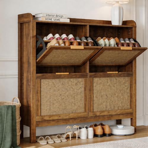 Garvee Farmhouse Rattan Shoe Cabinet, 47 Inch Boho Shoes Organizer with 4 Flip Drawers, Freestanding Narrow Shoe Rack for Entryway with Hidden Golden Handles&Adjustable Shelves(Brown) - size: 4 doors