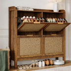 Garvee Farmhouse Rattan Shoe Cabinet, 47 Inch Boho Shoes Organizer with 4 Flip Drawers, Freestanding Narrow Shoe Rack for Entryway with Hidden Golden Handles&Adjustable Shelves(Brown) - size: 4 doors