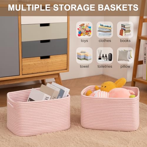 OIASKET Storage Baskets for Organizing, Woven Decorative Baskets for Shelves - Books, Towels, and Clothes, Cotton Rope Toy Storage Bins, 12.7''Lx9''Wx7.8''H, Pack of 4, Pink - color: Pink