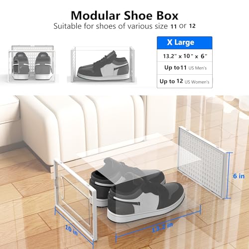 12 Pack X-Large Modular Clear Plastic Stackable Shoe Storage Organizer for Closet, Portable Space Saving Versatile Sneaker Shoe Rack Containers Bins Holders, White0303