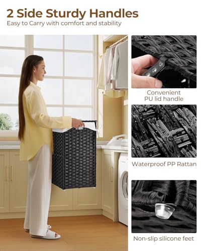 Greenstell Laundry Hamper with Lid, 90L Clothes Hamper with 2 Removable Liner Bags & 2 Mesh Laundry Bags, Handwoven Synthetic Rattan Laundry Basket for Clothes, Toys in Bathroom, Bedroom Black - color: Black, size: 90L (18.1 x 13.0 x 23.6 inches)