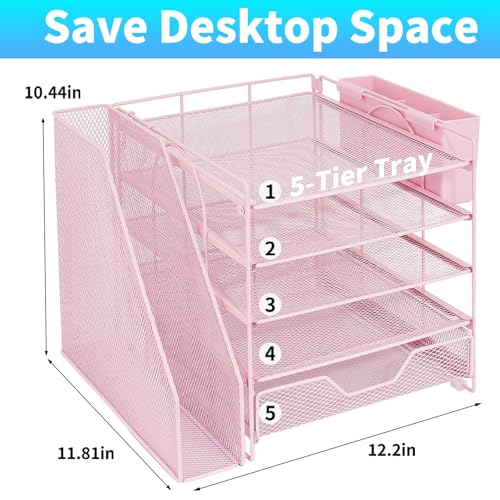 Desk Organizer, 5-Tier Paper Letter Tray Organizer with File Holder, Drawer and Pen Holder, Desktop Organizer for Office Supplies, Pink - color: Pink