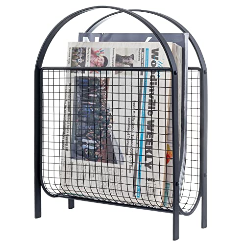 MyGift Mid-Century Design Magazine Rack, Matte Black Tone Metal Mesh Freestanding Magazine Organizer Holder Sling - color: Black