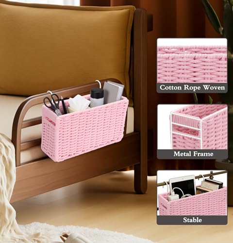 Cotton Rope Woven Bedside Caddy for Dorm Bed, Foldable Bedside Shelf Bunk Bed Accessories, College Dorm Room Essentials Hanging Organizers Storage Basket, Room Decor Magazine File Holder (Pink) - color: Pink