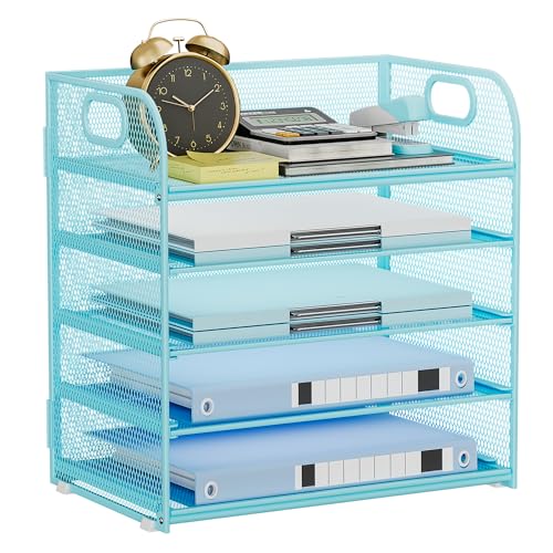 Paper Organizer Letter Tray with Handle Mesh 5-Tier Stackable Desk Organizer for Files/Paper/Office Supplies, Sturdy Carbon Steel Desk Organizer for Home Office & Classroom - color: Blue, size: 12.6" x 9.1" x 13.4"