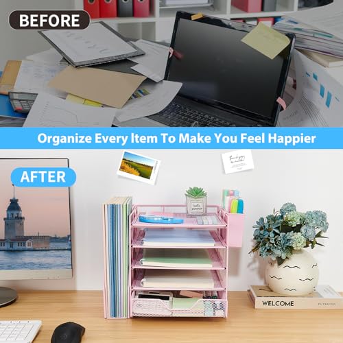 Desk Organizer, 5-Tier Paper Letter Tray Organizer with File Holder, Drawer and Pen Holder, Desktop Organizer for Office Supplies, Pink - color: Pink