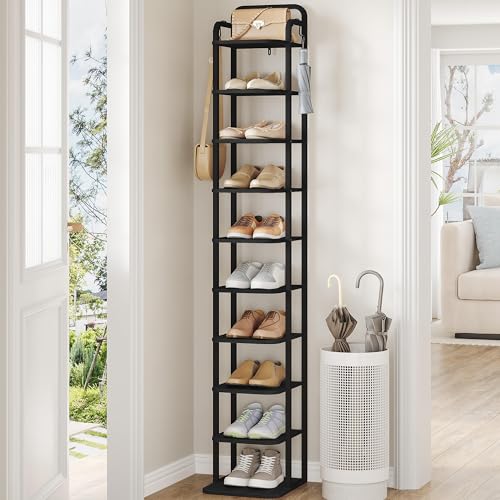 Hzuaneri Vertical Shoe Rack, Shoe Shelves, Wood Shoe Organizer for Closet, Entryway, Shoe Tower for Small Spaces, Free Standing, Adjustable, with 2 Hooks, 10 Tier Black SR11204B - color: Black, size: 10 Tier(11.8"D x 10.4"W x 67.3"H)