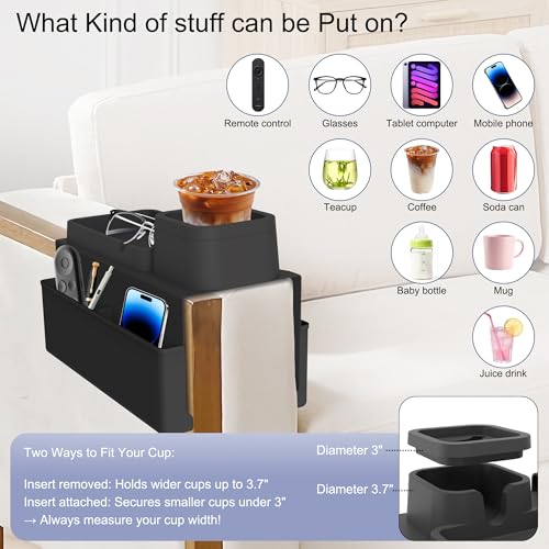 KindGa Couch Cup Holder Tray,Silicone Couch Arm Cup Holder,Couch Arm Organizer for Sofa Drinks/Phone/Remote/Snacks,Couch Armrest Recliner Armchair Caddy - Black - color: Black