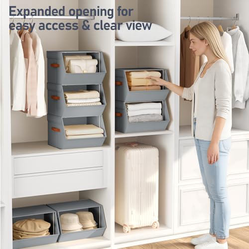 Stackable Closet Organizers and Storage Bins, Open Front Closet Shelf Organizer System With Steel Frame, Clothes Storage Basket Fabric, Collapsible Closet Drawers for Wardrobe, Nursery ,Toy, 4 Pack - color: Grey, size: 11.4 x 12.6 x 9.8. - 4 Pack