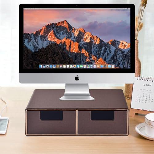 Linen Leather Desk Organizer and monitor stand with Drawers－Mini Desktop Drawer Organizer Stackable－Tabletop Organization Storage Box for Office Supplies Home Vanity Toiletries (Brown, 2-drawers) - color: Brown