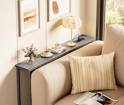 SUPERJARE 5.7 Inch Console Table with Outlet, Sofa Table, Behind Couch Table, 5.7 x 39.4 x 29.7 Inches, Metal Frame, Charging Station, Charcoal Gray - color: Charcoal Gray, size: 5.7''D x 39.4''W x 29.7''H