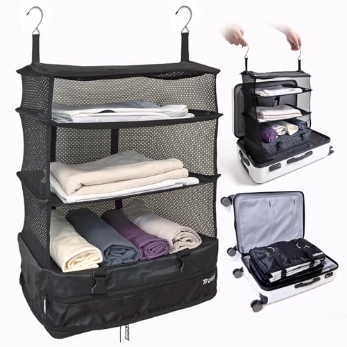 Grand Fusion Stow-N-Go Packing Organizer for Luggage, Portable Hanging Travel Shelves, Carry-On Closet, Hanging Packing Cubes, Collapsible Carry-On Organizer for Cruises & Hotels. Black - XL - color: Black, size: XL = (L) 17.7" x (W) 11.8"