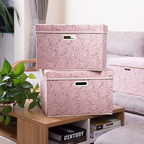 PRANDOM Large Foldable Storage Boxes with Lids [5-Pack] Fabric Decorative Storage Bin Cubes Organizer Containers Baskets with Cover Handles for Bedroom Closet Nursery Pink 17.7x11.8x11.8 Inch - color: Pink, size: Large(5-Pack)