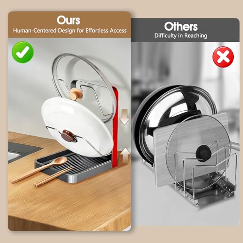 2 Tier Pan Lid Organizer for Kitchen Storage, Stainless Steel Pot Lid Holder Rack for Countertop, Multifunctional Pots and Pans Cover Organizers for Stove Top (Silver - color: Silve