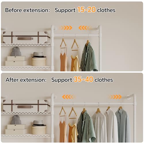 Higeego W5 Wall Mounted Expandable Clothes Rack, 9-12 ft Wide Adjustable Clothing Rack with Extended Rod Closet Organizer System Industrial Pipe Garment Rack for Reach in Closet 1300LB Capacity, White - color: White