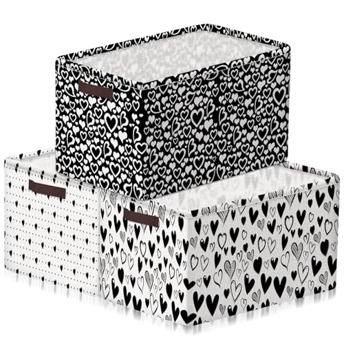 Geelin 3 Pcs Valentines Baskets Storage Valentine's Day Basket for Gifts Collapsible Waterproof Canvas Black and White Heart Storage Bin Organizer with Handles for Book Closet Shelf Nursery Decor - style: Valentines Black and White