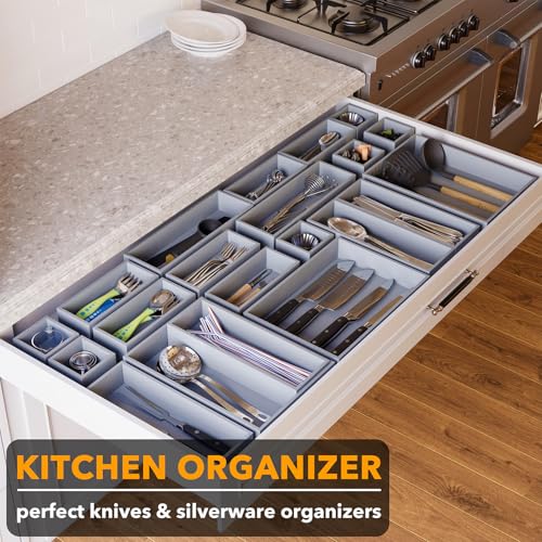 SpaceAid 21-Piece Bamboo Drawer Organizer Storage Boxes Set, Wood Tray Junk Drawer Organizers Multi-Use Divider Bins for Kitchen, Bathroom, Office Desk and Makeup Organization (21 Pack, Gray) - color: Gray
