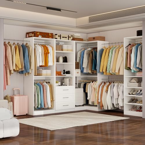 Closet Organizer System of 4 Sets with 3 Drawers, 9 Hanging Rods & 8 Shelves, 157" Walk in Closet System, Corner Closet Organizer, Modular Standalone Closet, White