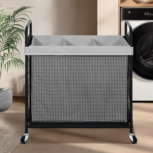 STO STO Laundry Hamper 3 Section, 120L Rolling Laundry Sorter Cart with Removable and Washable Liner Bag, Clothes Hamper with Wheels and Metal Handle for Laundry Room and Bedroom, Gray - color: Gray, size: 3-Section