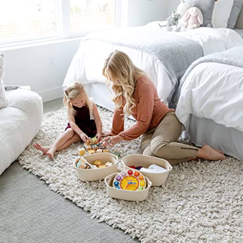 NaturalCozy 5-Piece Rectangle Storage Basket Set- Natural Cotton Rope Woven Baskets for Organizing! Small Basket for Montessori, Baby Nursery, Dog Toy Baskets, Cat Toy Box, Bathroom Organization Bin - color: Beige