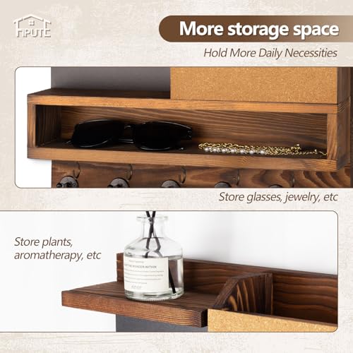Key Holder for Wall Mount with Mail Organizer, Farmhouse Key Holder for Wall with Shelf, Chalkboard&Corkboard, Entryway Organizer 11 Metal Hooks, Decorative Natural Pine Wood, 14.6*11.1*3.3”, B-Brown - color: Brown-b
