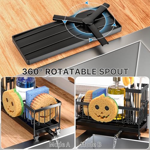Cisily Sponge Holder for Kitchen Sink, Sink Caddy Organizer with High Brush Holder, Kitchen Countertop Organizers and Storage Essentials, Rustproof 304 Stainless Steel (Black with Smiley Face, 9.25″) - color: Black With Smiley Face