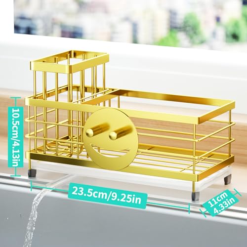 HapiRm Sink Caddy Sponge Holder - Self-draining Kitchen Sink Organizer with Smiley Face and Brush Holder, Stainless Steel Kitchen Organizer for Countertop - Gold - color: Gold, size: Twin