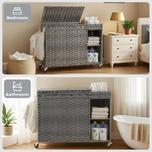 Laundry Hamper with Lid, 160L Rattan Wicker Laundry Basket with Wheels, Handwoven Laundry Hamper 3-Section with Storage shelf(42.3 Gal), Laundry Sorter Basket with Removable Liner, GreyHLH033G - color: Grey, size: 33.5”L x 13”W x26.4”H