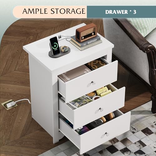 WLIVE White Nightstand with Charging Station, Wood Night Stand with 3 Drawers Storage, Tall Bedside Table End Side Tables with 2 USB Ports and Outlets for Bedroom, Closet, White - color: White