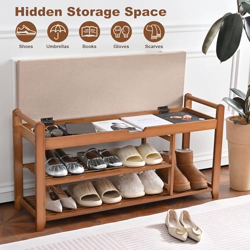 39.4in Shoe Bench with Coat Rack, 3-Tier Bamboo Entryway Bench Hall Tree Shoe Rack Holds Up to 330lb for Bedroom Hallyway - size: 39.4in with Hooks
