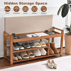39.4in Shoe Bench with Coat Rack, 3-Tier Bamboo Entryway Bench Hall Tree Shoe Rack Holds Up to 330lb for Bedroom Hallyway - size: 39.4in with Hooks