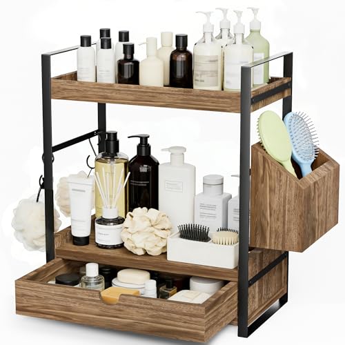 Kottwca 2-Tier Bathroom Counter Organizer with Drawer, Basket & Hooks, Wooden Vanity Shelf for Skincare, Perfume & Makeup Storage(Dark Brown) - color: Dark Brown