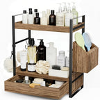 Kottwca 2-Tier Bathroom Counter Organizer with Drawer, Basket & Hooks, Wooden Vanity Shelf for Skincare, Perfume & Makeup Storage(Dark Brown) - color: Dark Brown