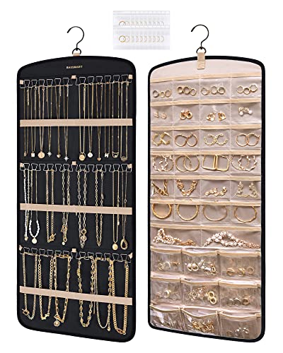 BAGSMART Hanging Jewelry Organizer, Necklace Holder Anti-tangle Earrings Rings Hanger with 20 Jewelry Bags Travel Storage Roll with Pockets Hang on Closet, Wall, Door,1 Piece, Large, Black - color: Black, size: Large - Standard