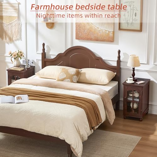 Narrow Side Table Set of 2,Farmhouse Nightstand with Charging Station,End Table with Glass Barn Door Storage, Cabinet Organizer with Adjustable Shelf, Night Stand for Small Spaces Living Room Bedroom - color: Retro Walnut, size: Set 2