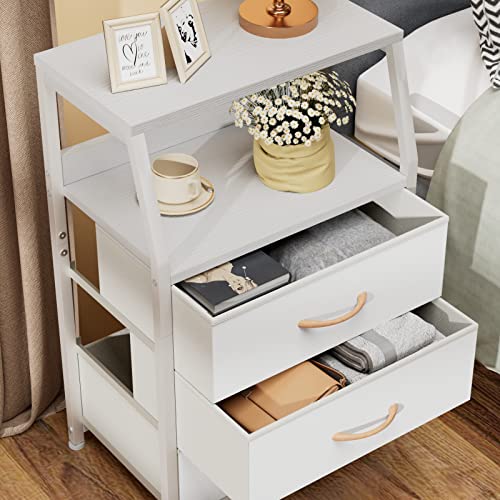 Furnulem White Nightstand with 3 Drawers and 2-Tier Shelf, Small Night Stand End Table Side Furniture, Fabric Storage Organizer for Bedroom, Closet, Hallway, Nursery, Sturdy Steel Frame, Wood Top - color: White, style: 3 Drawers