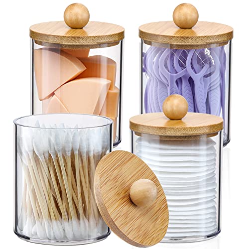 4 Pack Qtip Holder Dispenser with Bamboo Lids - 10 oz Clear Plastic Apothecary Jar Containers for Vanity Makeup Organizer Storage - Bathroom Accessories Set for Cotton Swab, Ball, Pads, Floss - size: 4 Pack of 10 oz