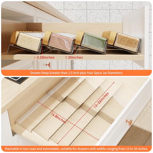 Jadehom Spice Drawer Organizer, 4 Tier Clear Acrylic Expandable From 13" to 26" Seasoning Jars Drawer Insert, Kitchen Drawer Spice Rack Tray for Cabinet/Countertop - size: 8 Pcs x 13 inch Width