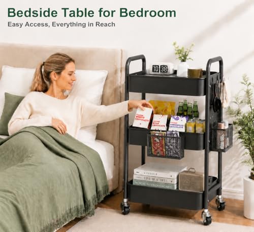 3 Tier Rolling Cart Metal with DIY Pegboard, Black Three Tiered Art Supply Organizer Cart on Wheels, Storage Utility Hobby Carts for Craft, Snack, Diaper Caddy, Nail, Baby Essentials, Nail, Snack - color: Black, size: 3 Tier+Pegboard+Cups+Hooks