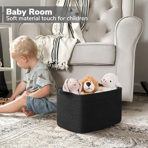 Goodpick Woven Storage Baskets for Organizing, Cotton Rope Organizer for Living Room Bedroom, Black Laundry Basket with Handles, Stylish Gift Baskets for Baby Boys, 13"x10"x9" - color: All Black, size: 13"L x 10"W x 9"H