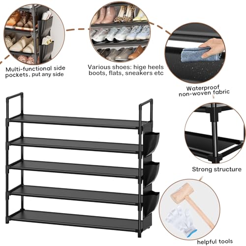 OYREL 5 Tier Shoe Organizer Rack for Closet, Entryway, Garage, Door, Space Saving, Shoe Holder Stand/Tower, Large, 20-25 Capacity - color: Black, size: 5 Tier