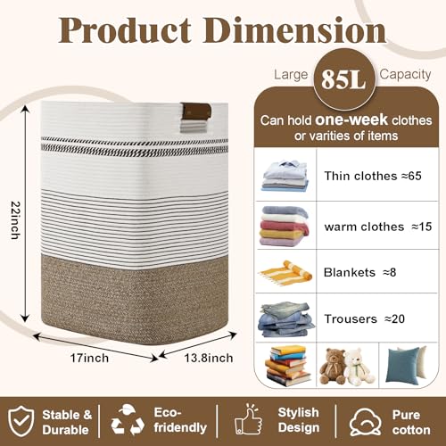 Laundry Hamper, 85L Tall Laundry Basket with Leather Handles, Rectangle Large Clothes Hamper for Organizing, Cotton Woven Laundry Baskets Storage Hampers for Bedroom, Nursery, Living Room - color: Rice Brown & White, size: 85L