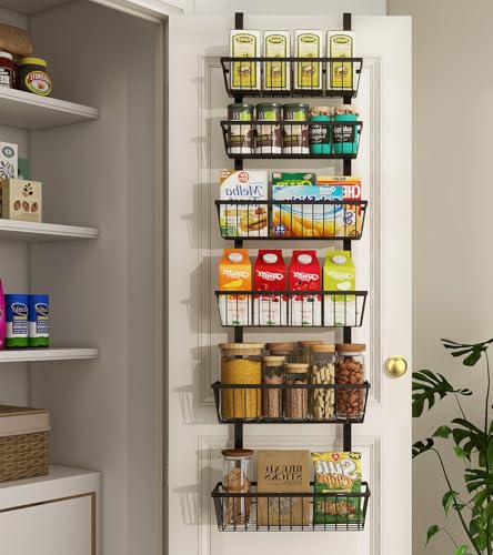 Mefirt 12 Inch Wide Narrow Over The Door Pantry Organizer, Pantry Organization and Storage, Black Metal Hanging Deep Basket Wall Spice Rack Seasoning Shelves, Home & Kitchen Essentials, Apartment - color: Black, size: 6-Tier (12"W)