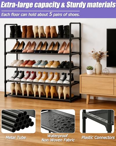5 Tier Shoe Rack Large Capacity, 34.3" Wide Adjustable Shoe Organizer for 20-25 Pairs, Sturdy Non-Woven Shoe Rack Shelf Multi-Purpose Storage Unit for Closet, Hallway, Entryway,Garage,Black - size: 5-Tier(Black)-34.3"W